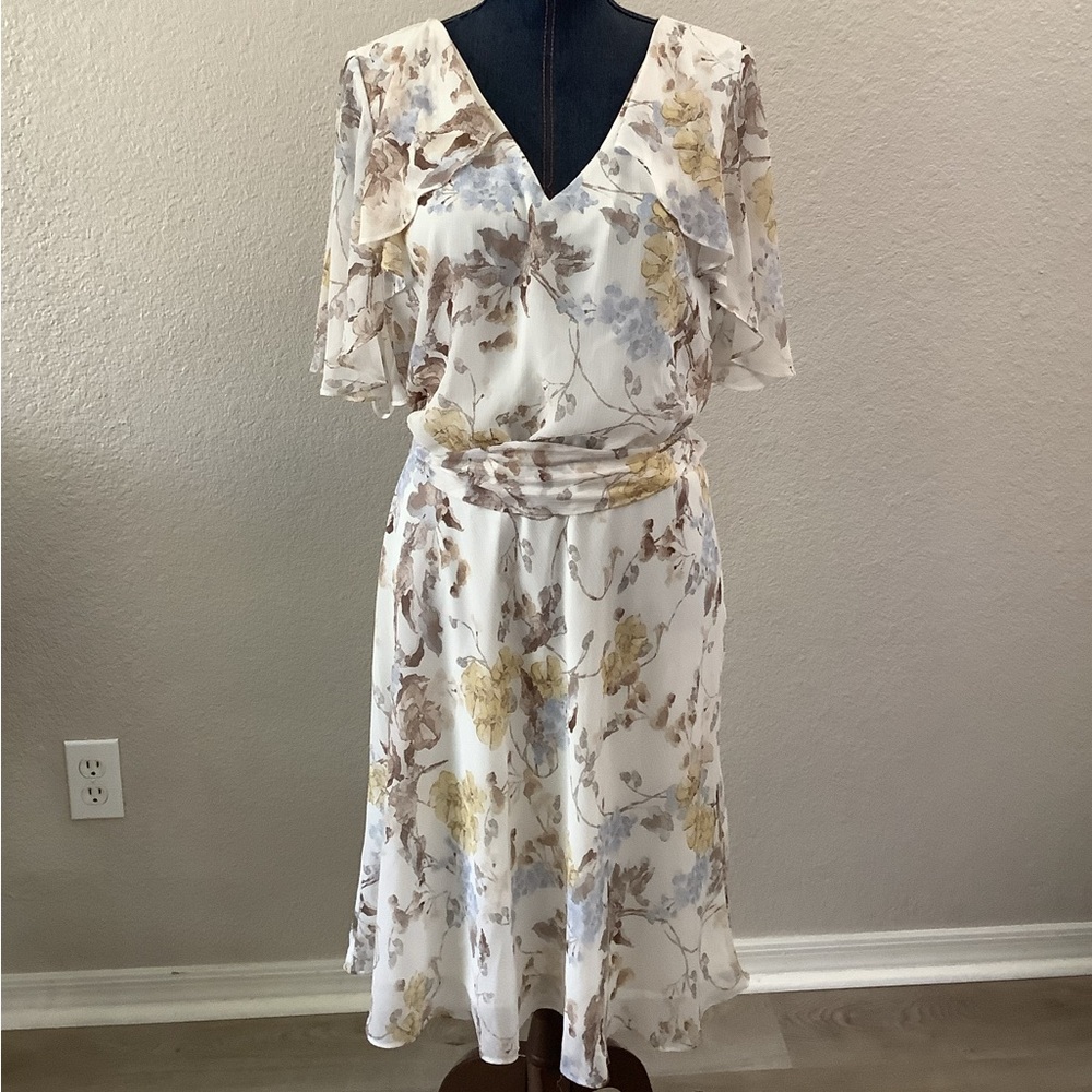 Lauren Ralph Lauren Cream Chiffon Floral V-Neck Midi Dress Women's Size 14 NWT